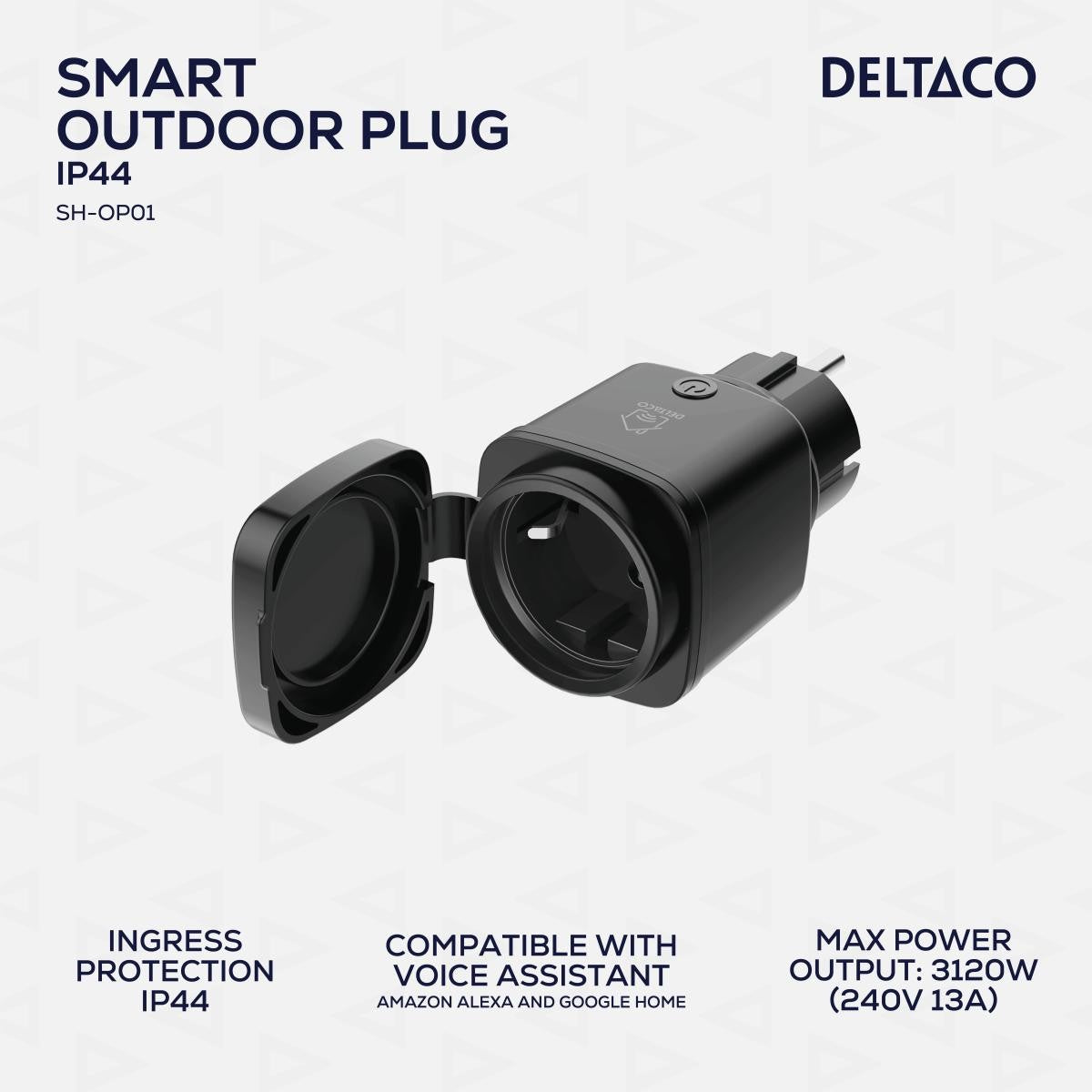 DELTACO SMART HOME utičnica za str VANJSKA, WiFi 2,4GHz, IP44, 1xCEE 7/3, 13A, timer, 220-240V, CRNA