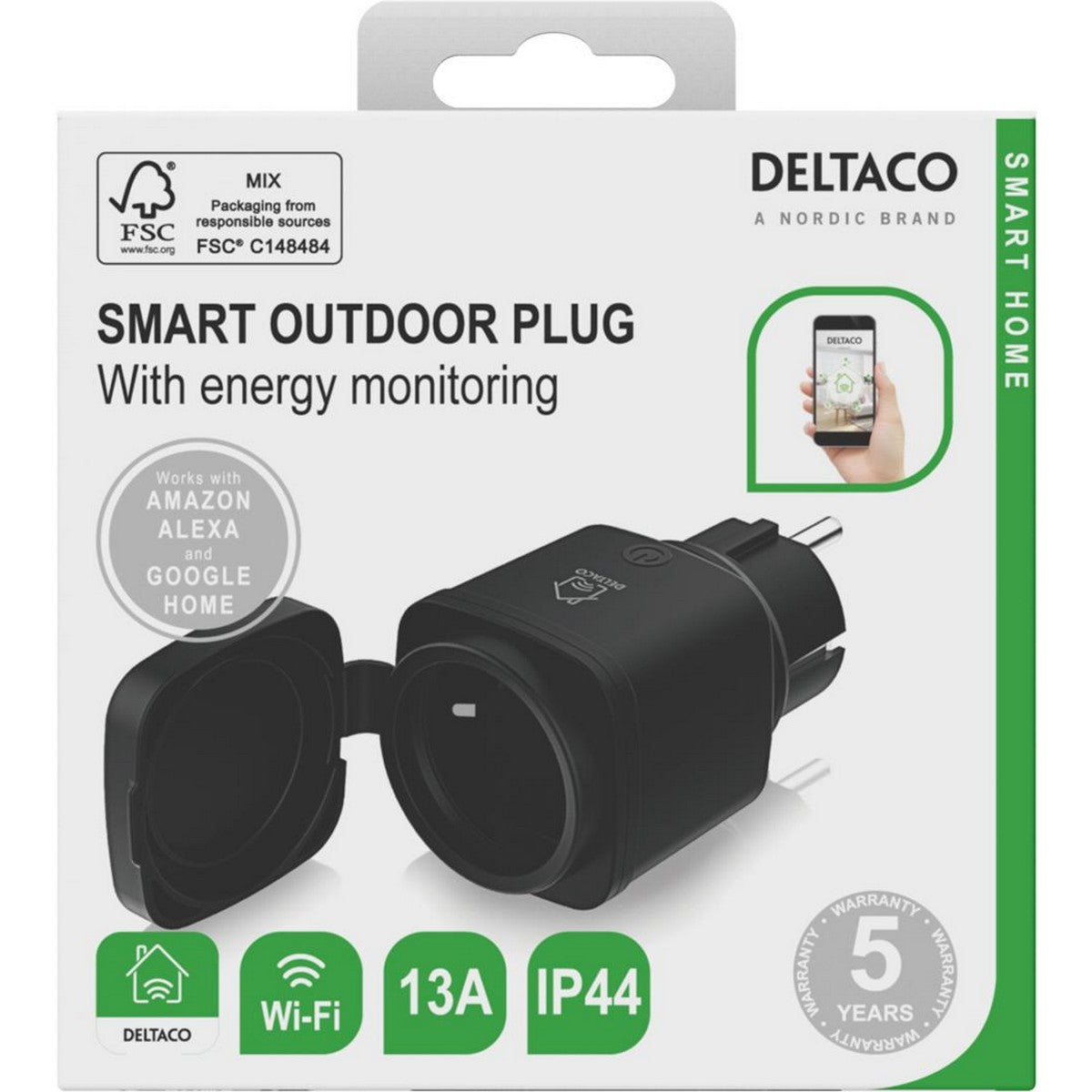 DELTACO SMART HOME utičnica za str VANJSKA, WiFi 2,4GHz, IP44, 1xCEE 7/3, 13A, timer, 220-240V, CRNA