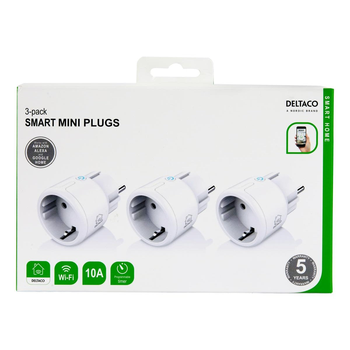 DELTACO SMART HOME mini utičnica, LED indicator, WiFi 2.4GHz, 1xCEE 7/3, 10A, timer, BIJELA (3-kom)
