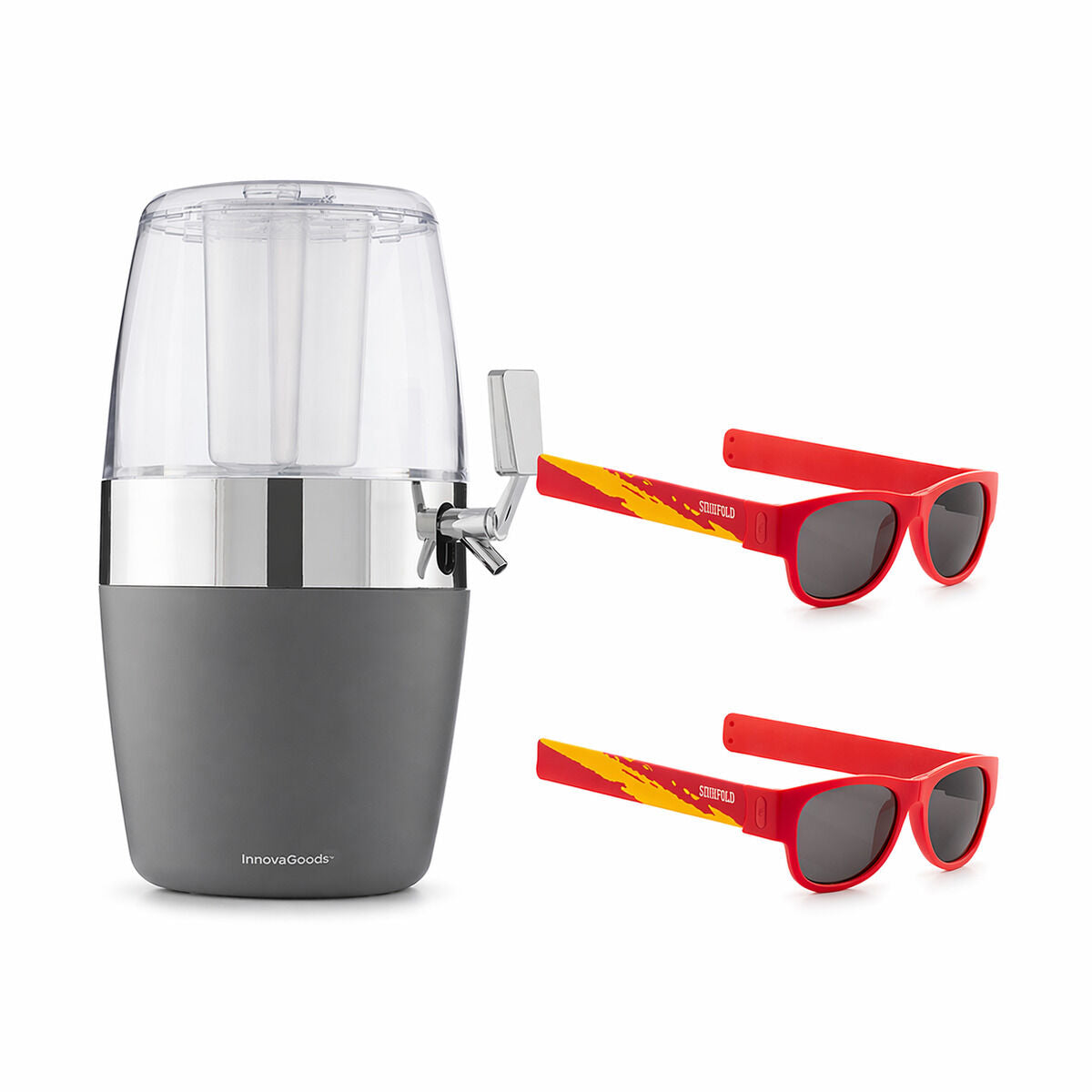 Paket rashladni dozator piva InnovaGoods i 2 sklopive Sunfold Spain Red sunčane naočale