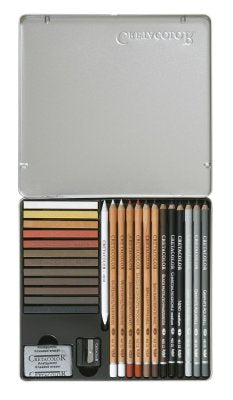 Umetniški set Cretacolor creativo 27/1 (grafitne svinčnike, barvice, krede, paličica za mešanje barv, radirka...)