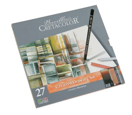 Umetniški set Cretacolor creativo 27/1 (grafitne svinčnike, barvice, krede, paličica za mešanje barv, radirka...)