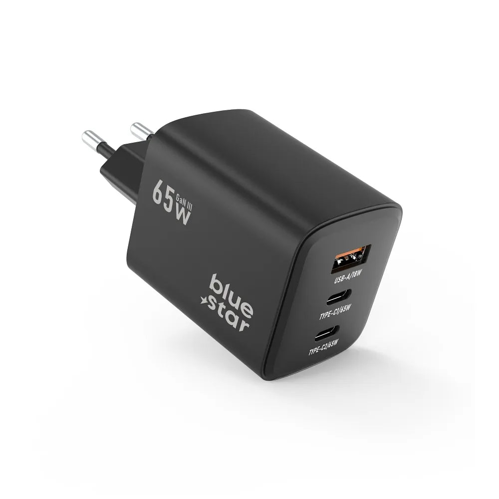 BLUE STAR GaN 4A 65W omrežni polnilec 2 x Type C + USB A PD QC4.0 VT-43 črn