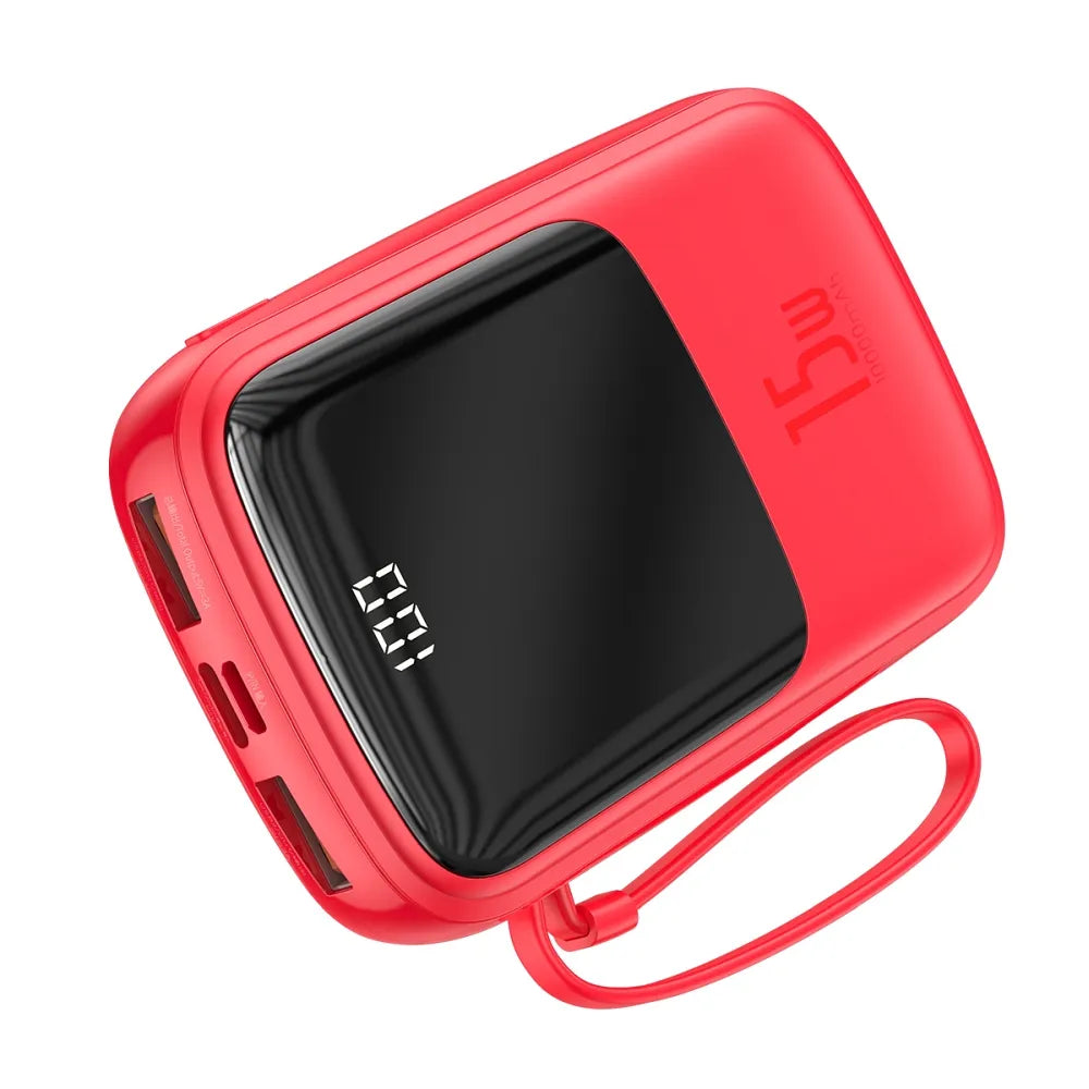 Power Bank BASEUS QPow - 10.000 mAh LCD Quick Charge PD 15 W s kablom za Lightning 8-pin, rdeč, PPQD-B09
