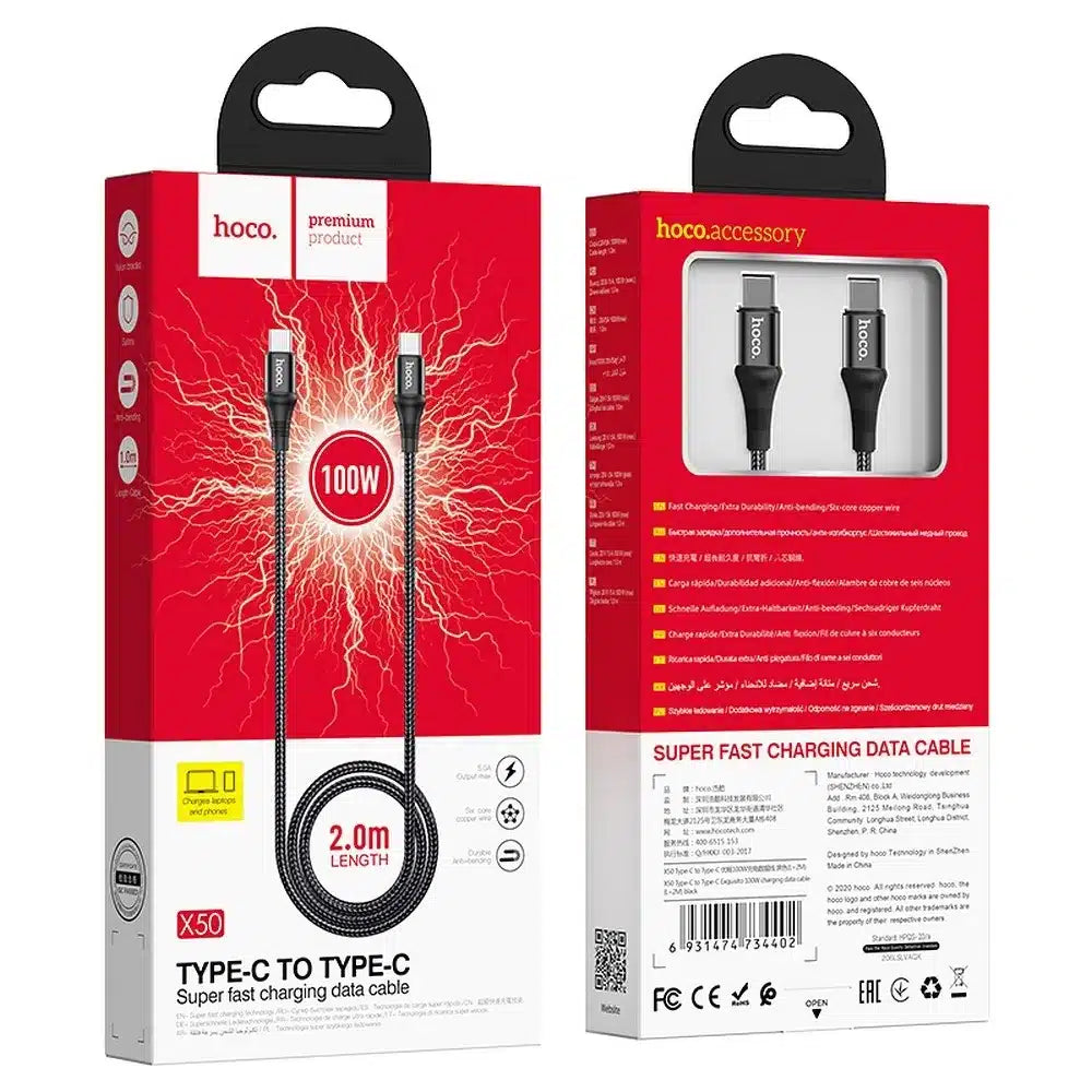 HOCO kabel Type-C na Type-C Exquisite Power Delivery PD 100W X50 2 metra črn