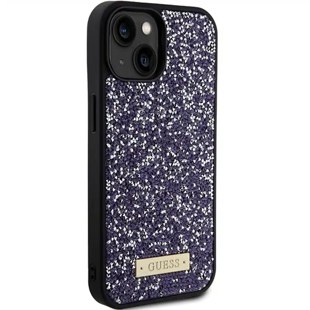 Originalna torbica GUESS Hardcase GUHCP15SPFGSBSP za iPhone 15 (kovinski logotip z okrasnimi kamni / svetlo roza)