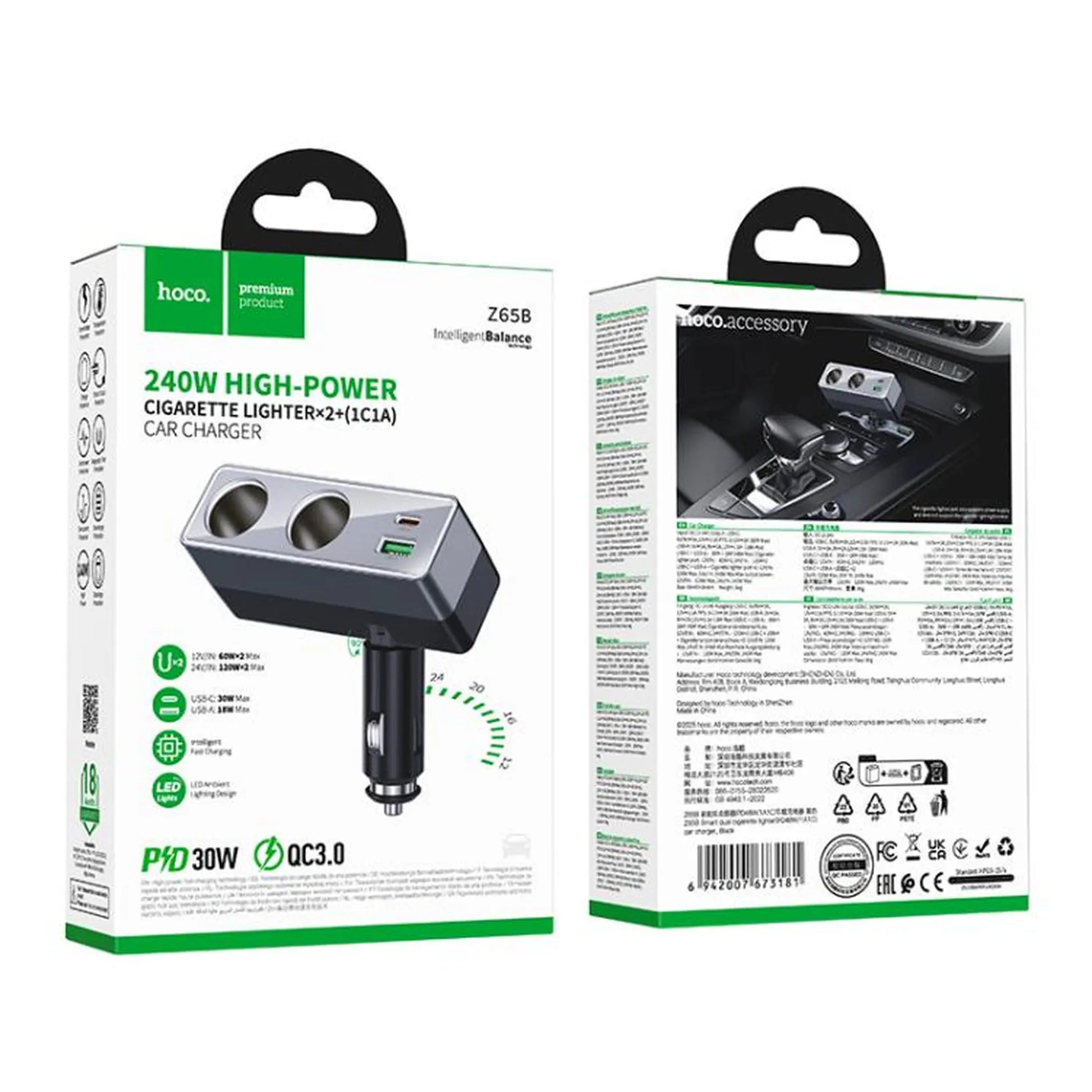 Auto punjač Hoco 1xUSB A + 1xUSB C + 2x priključak za upaljač PD QC3.0 max 240W/24V crni