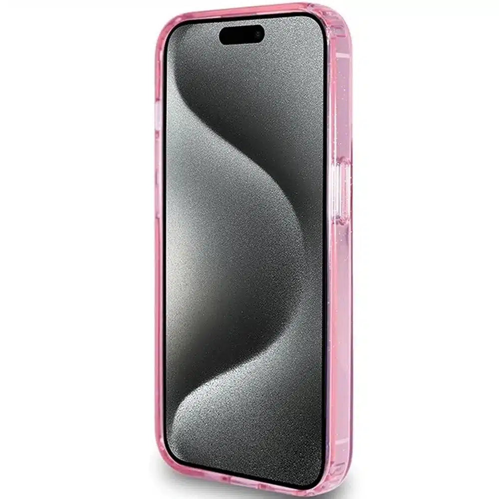 Originalna torbica GUESS Hardcase GUHMP15XHRSGSP za iPhone 15 Pro Max (Magsafe / bleščeč logotip / stojalo z obročkom / roza)