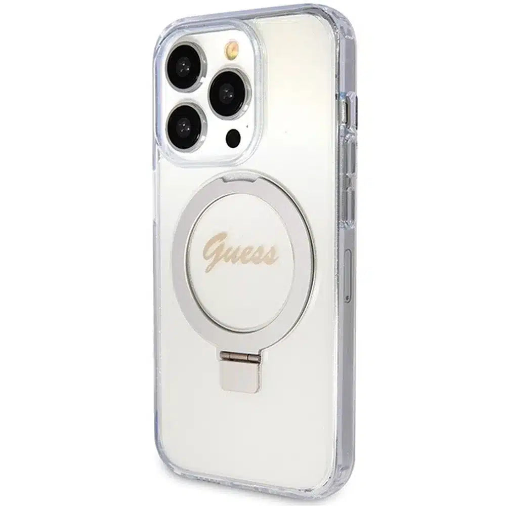 Originalna torbica GUESS Hardcase GUHMP15XHRSGSD za iPhone 15 Pro Max (Magsafe / Glitter Script Logo / stojalo za prstan / prozorna)