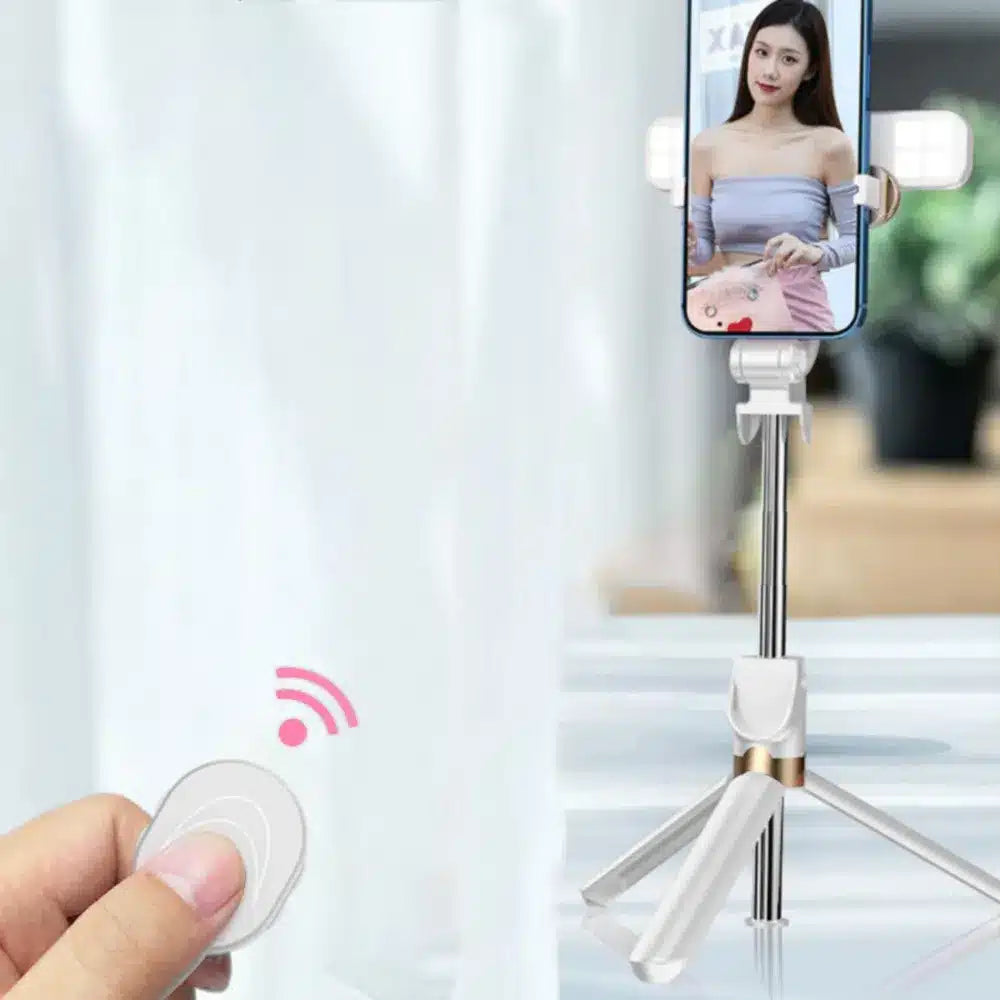 Set / držalo za selfije z daljinskim upravljalnikom bluetooth in stojalom LED RING SSTR-20 belo
