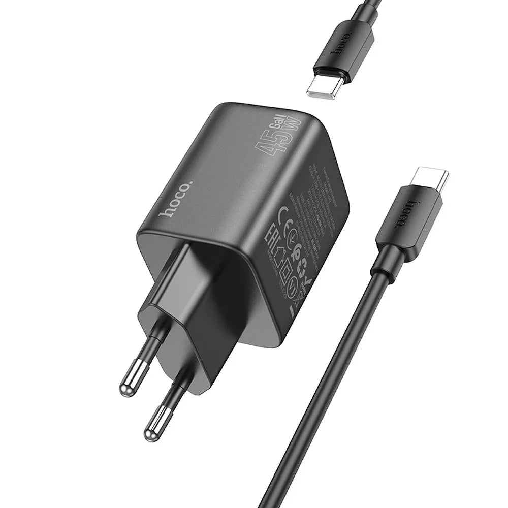 HOCO stenski polnilec 2 x Type-C + kabel Type-C v Type-C PD QC 45W GaN N42 črn