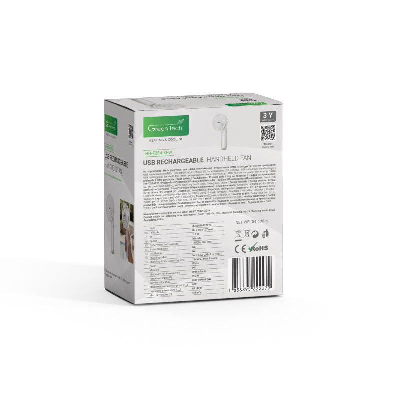 Prijenosni ventilator Green Tech, 1.1W, bijeli, sa USB punjenjem