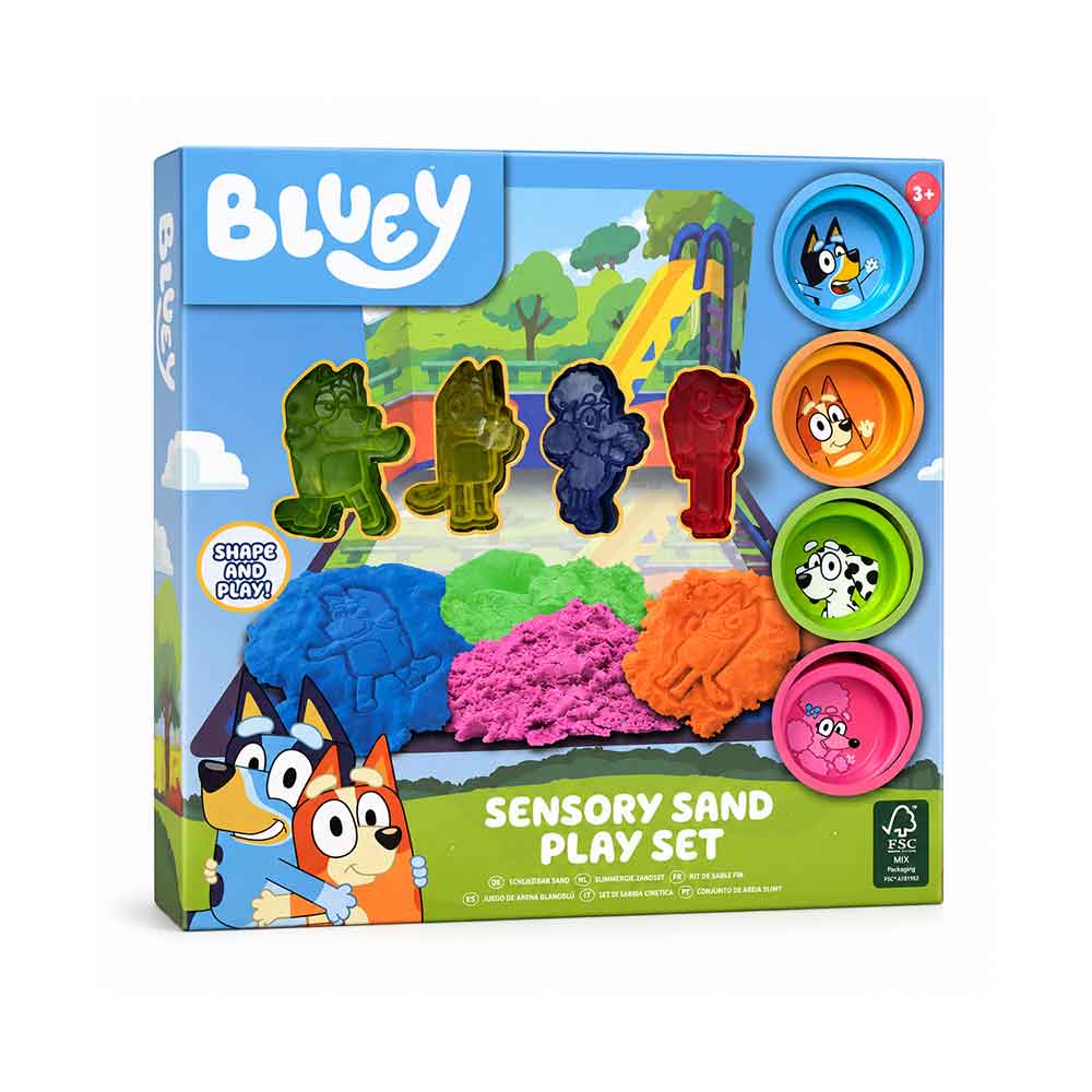 Bluey kinetički pijesak set – 4 boje, 4 kalupa i podloga za igru