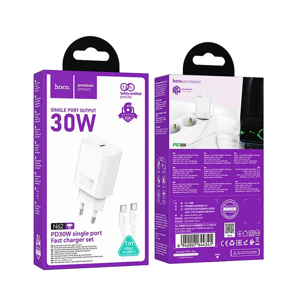 Hoco USB-C QC PD 30W stenski polnilec za telefon + USB C na USB C kabel N62 bel