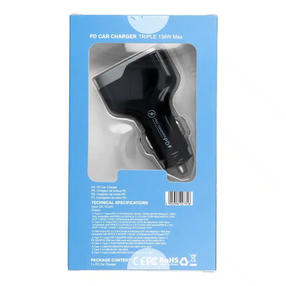 USB QC 3.0 avtopolnilec 18W + 2x Type C PD 100W+30W CC53-2C1A (skupno 138W)