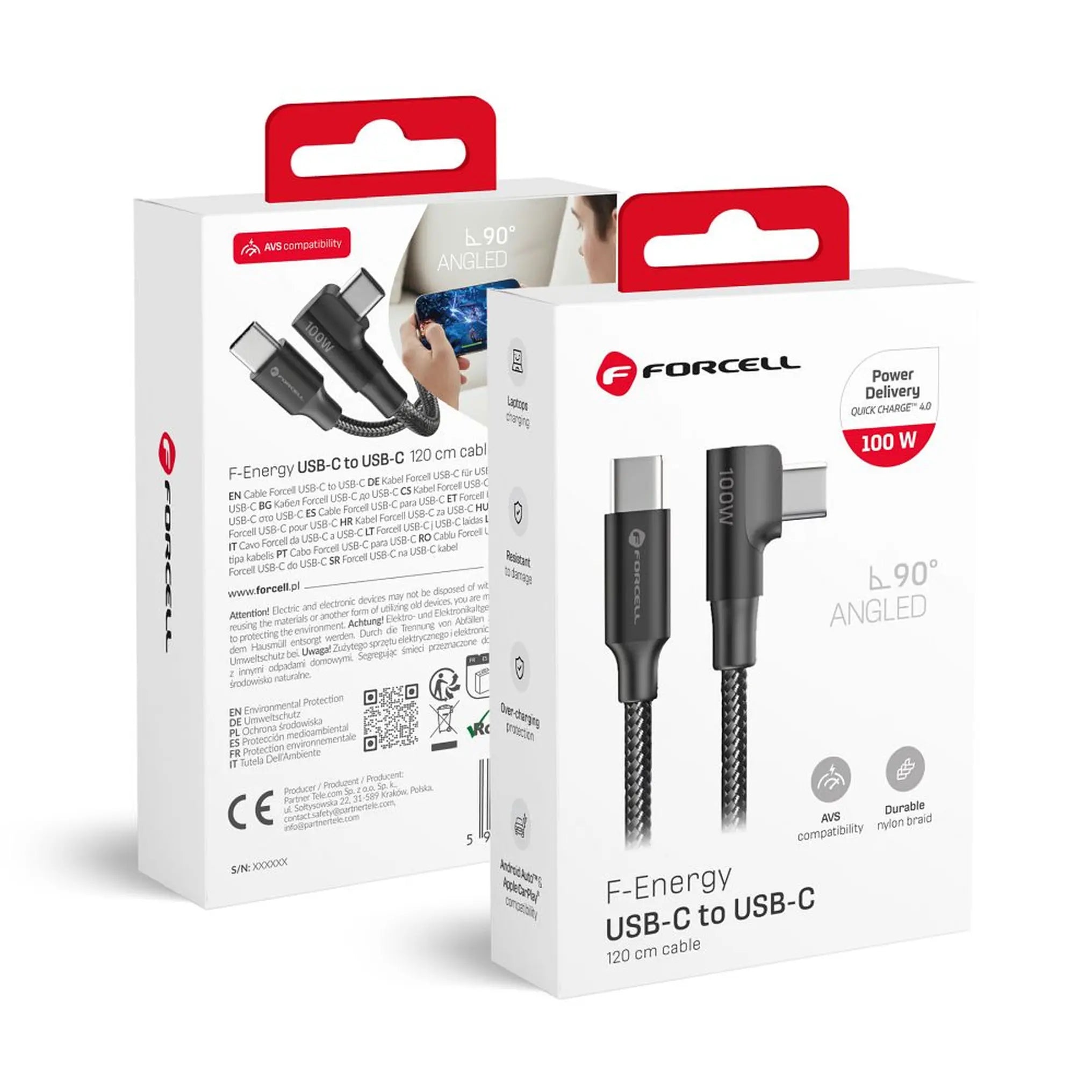 Kabel kutni USB C na USB C Forcell F-Energy QC4.0 PD 5A 100W 2 m - crni