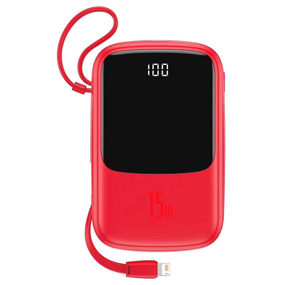 Power Bank BASEUS QPow - 10.000 mAh LCD Quick Charge PD 15 W s kablom za Lightning 8-pin, rdeč, PPQD-B09