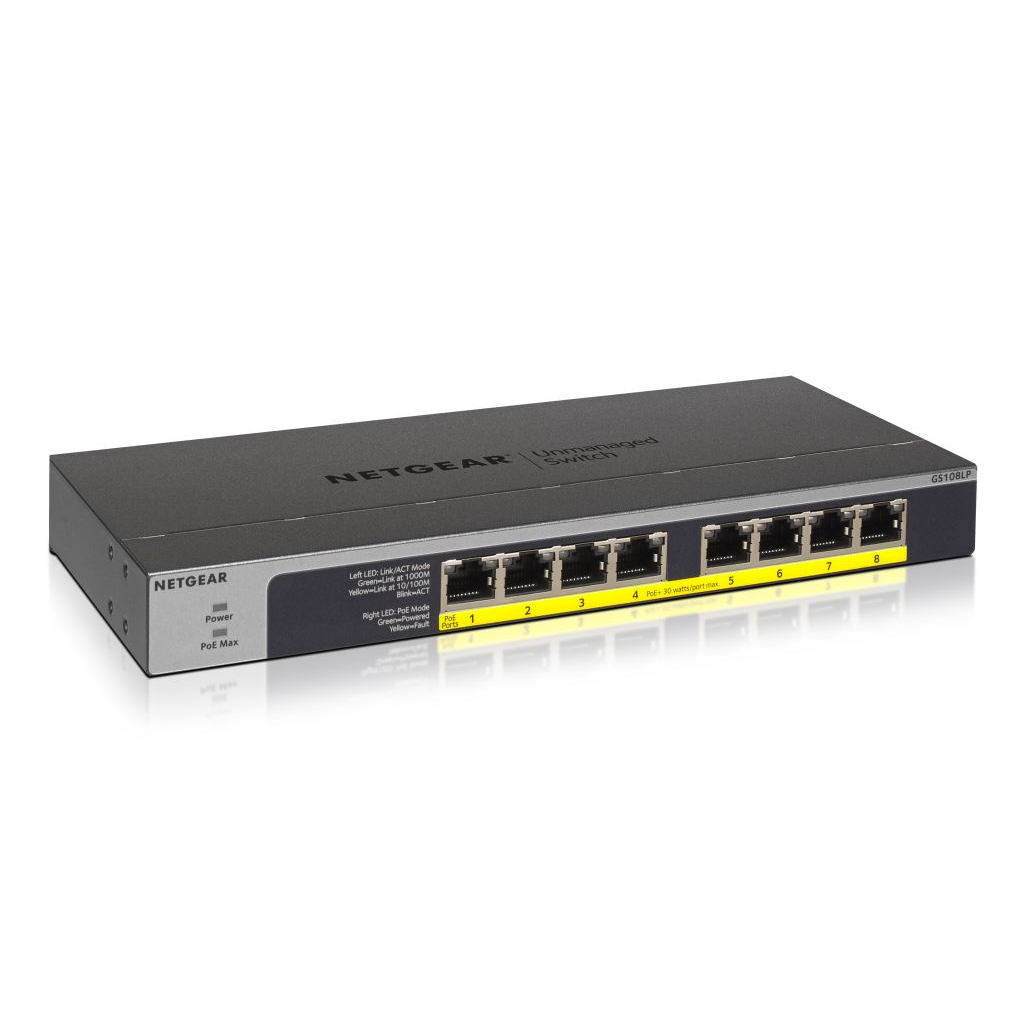NETGEAR GS108LP Neupravljano Gigabit Ethernet (10/100/1000) Podrška za napajanje putem Etherneta (PoE) 1U Crno, Sivo