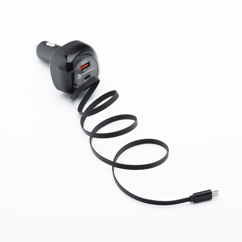 Auto punjač Forcell F-Energy Alu USB C + USB A + uvlačivi kabel USB C PD QC4.0 SFC2.0 3A 75W crni