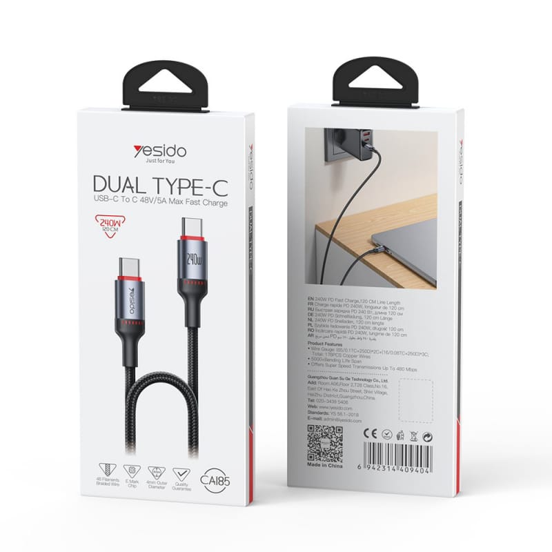 USB-C na USB-C kabel Yesido CA185 240 W 200 cm crni