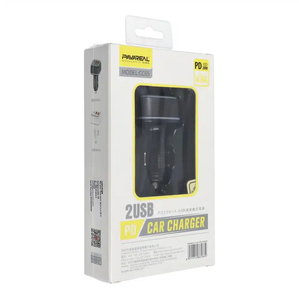 PAVAREAL avtopolnilec Type C PD 20W + 2x USB 4.8A PA-CC65 črn