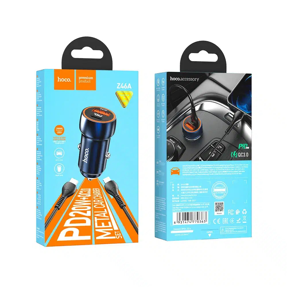 HOCO avtopolnilec Type C + USB QC3.0 Power Delivery 20W s kablom za iPhone Lightning 8-pin Z46A safirno modra