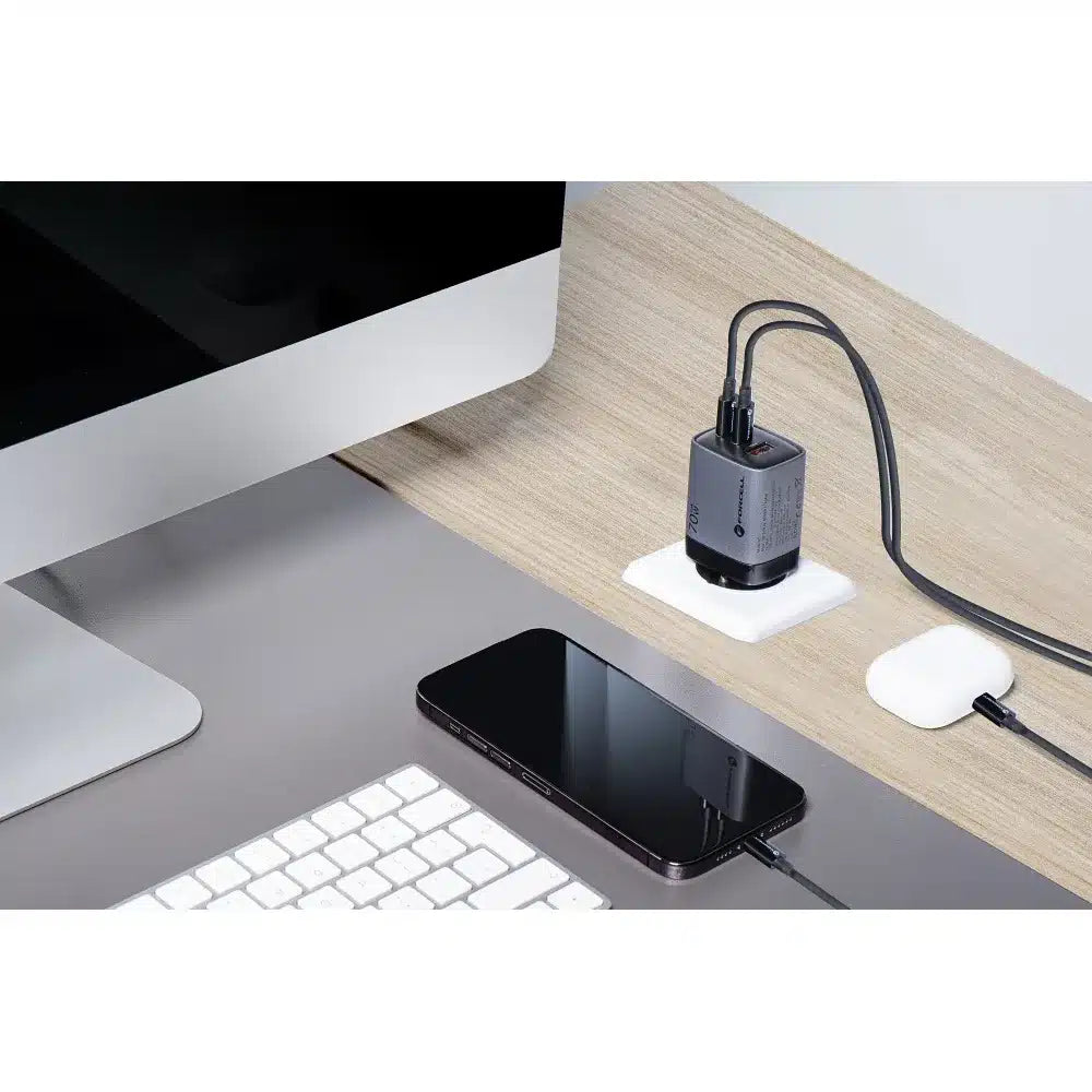 FORCELL F-ENERGY GaN III VT-37 omrežni polnilec z LCD zaslonom 2 x Type C + USB A PD QC4.0 SAM SFC2.0 3.45A 70W siv