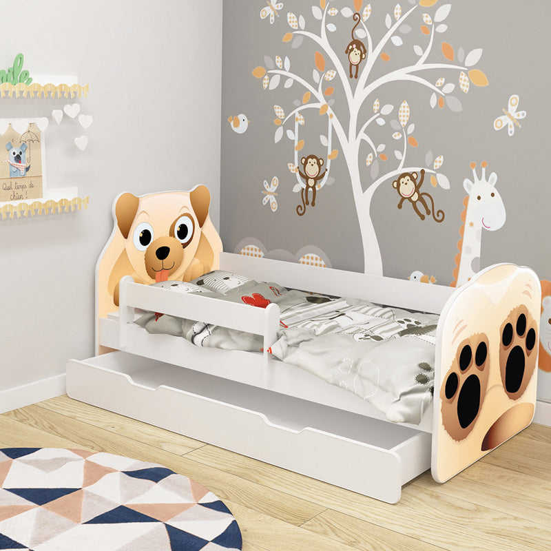 Dječji krevet ACMA Animals, bočna bijela + ladica 140x70 cm 04 Pas