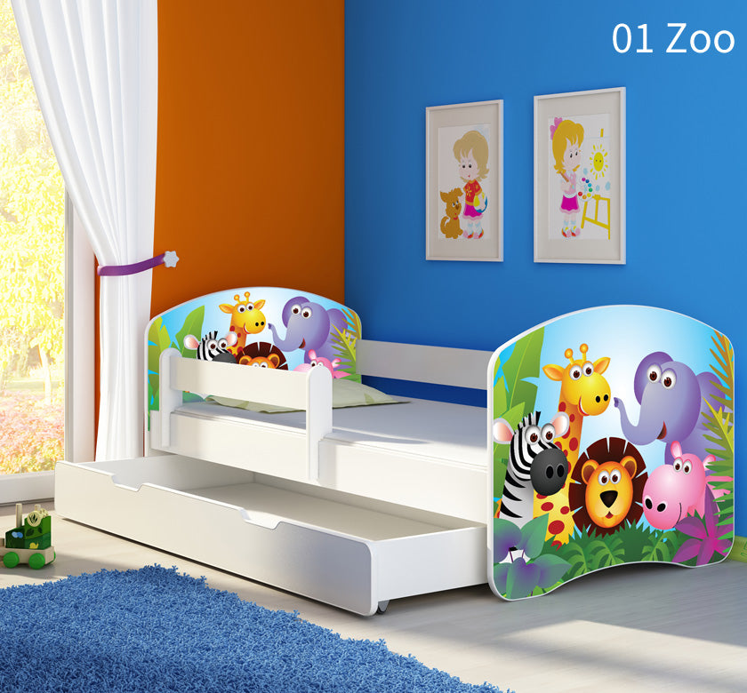 Dječji krevet ACMA s motivom, bočna bijela + ladica 180x80 cm 01 Zoo