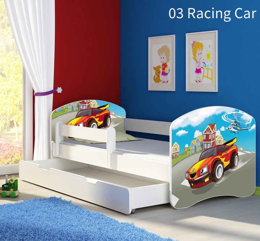 Dječji krevet ACMA s motivom, bočna bijela + ladica 160x80 cm 03 Racing Car