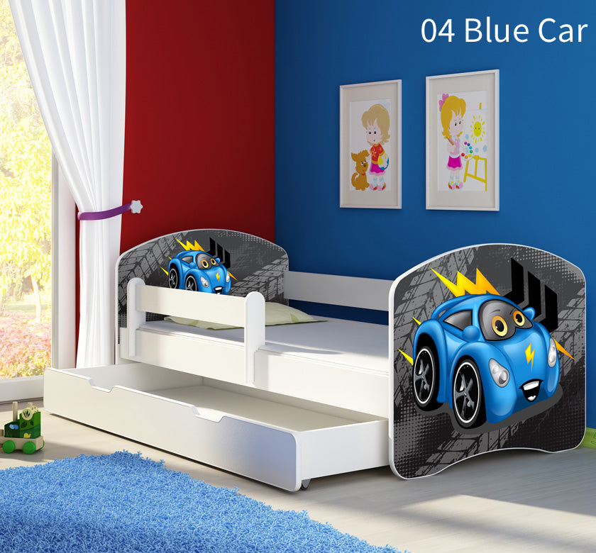 Dječji krevet ACMA s motivom, bočna bijela + ladica 160x80 cm 04 Blue Car
