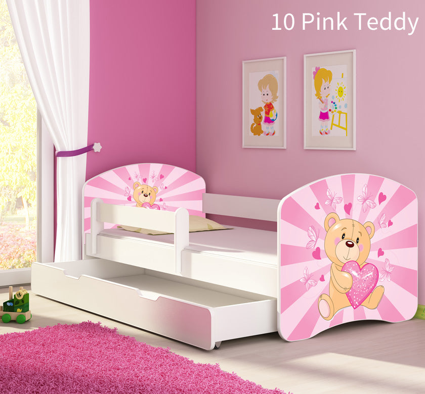 Dječji krevet ACMA s motivom, bočna bijela + ladica 140x70 cm 10 Pink Teddy Bear