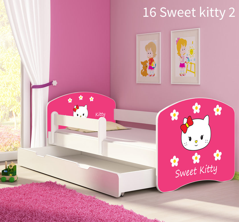 Dječji krevet ACMA s motivom, bočna bijela + ladica 180x80 cm 16 Sweet Kitty 2