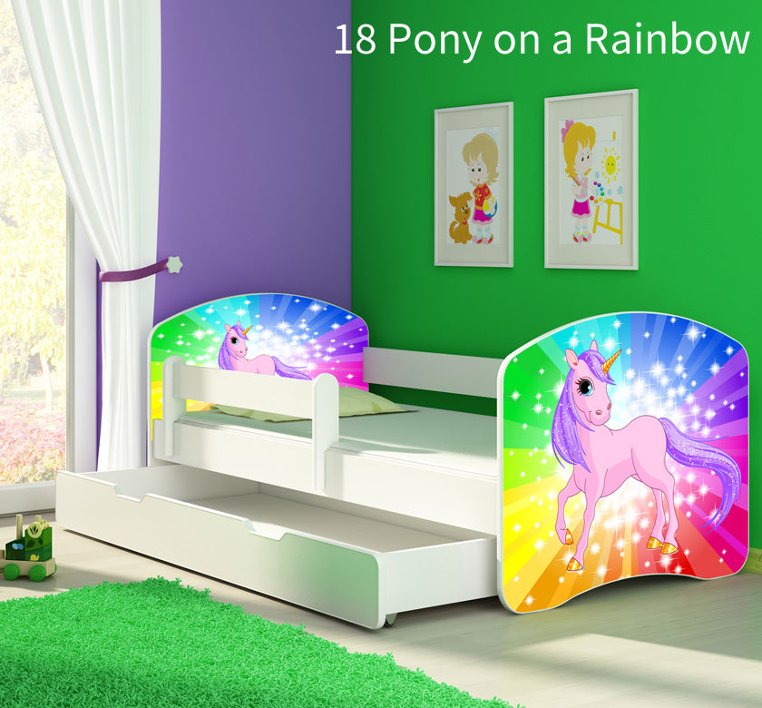 Dječji krevet ACMA s motivom, bočna bijela + ladica 180x80 cm 18 Pony on a rainbow