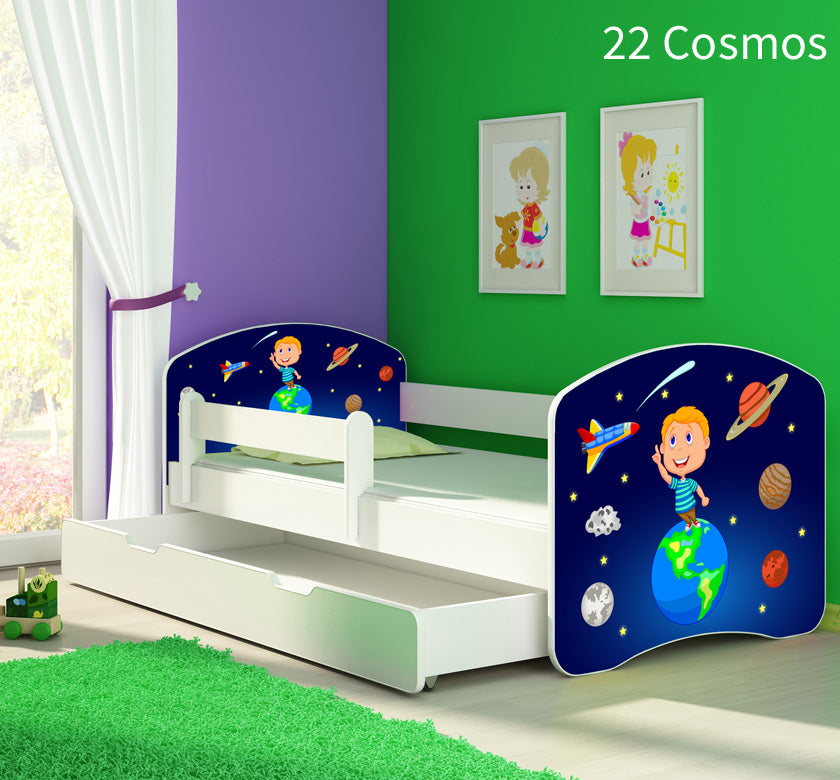 Dječji krevet ACMA s motivom, bočna bijela + ladica 140x70 cm 22 Cosmos
