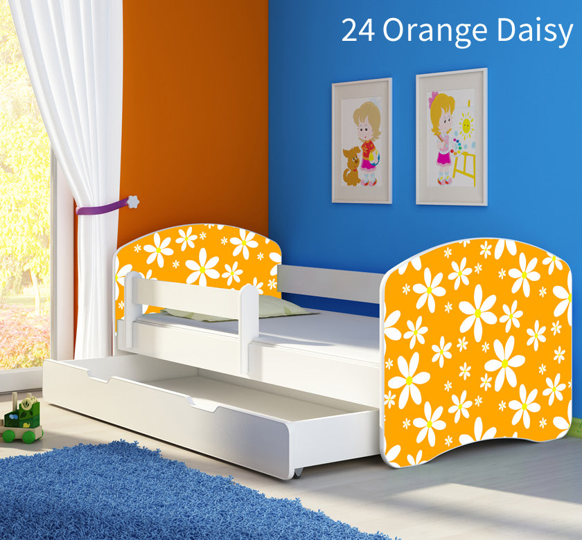 Dječji krevet ACMA s motivom, bočna bijela + ladica 160x80 cm 24 Orange Daisy