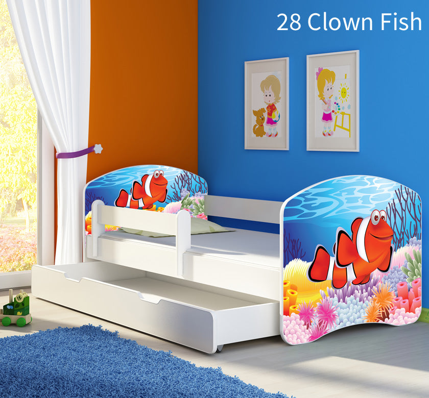 Dječji krevet ACMA s motivom, bočna bijela + ladica 160x80 cm 28 Clown Fish