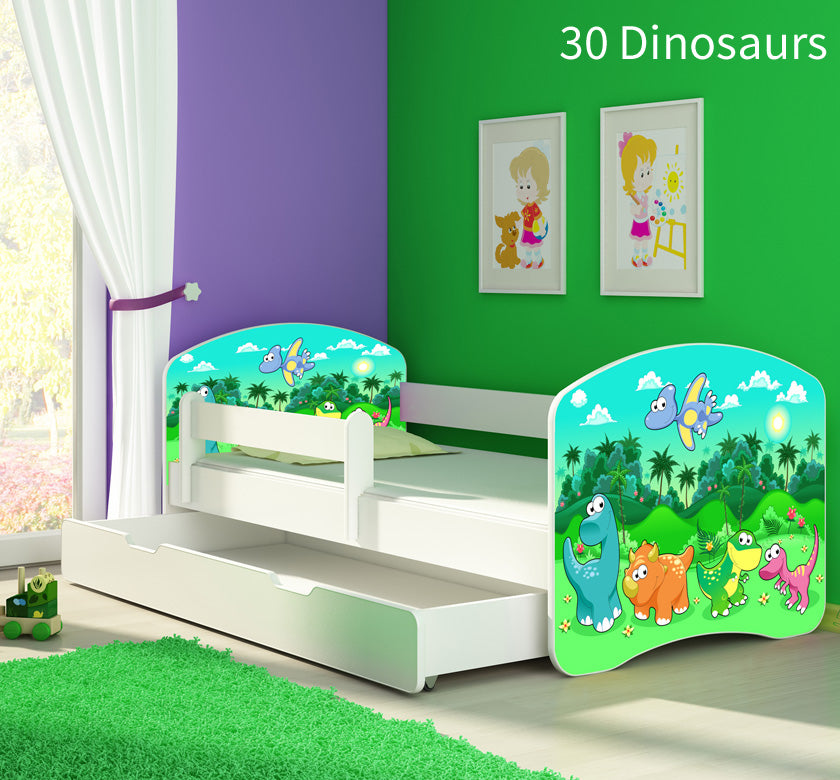Dječji krevet ACMA s motivom, bočna bijela + ladica 160x80 cm 30 Dinosaurs