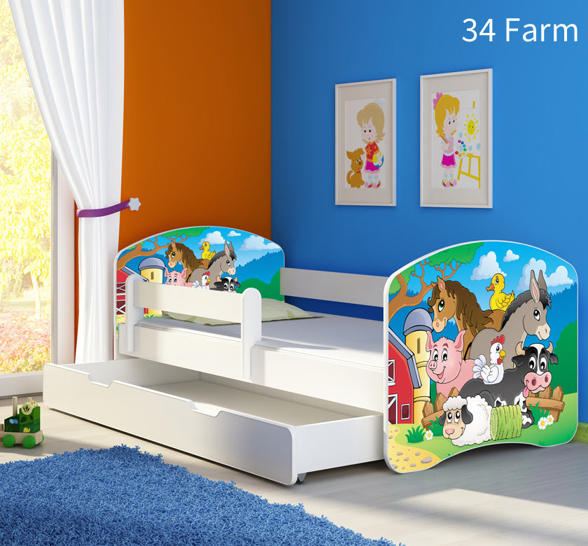 Dječji krevet ACMA s motivom, bočna bijela + ladica 140x70 cm 34 Farm