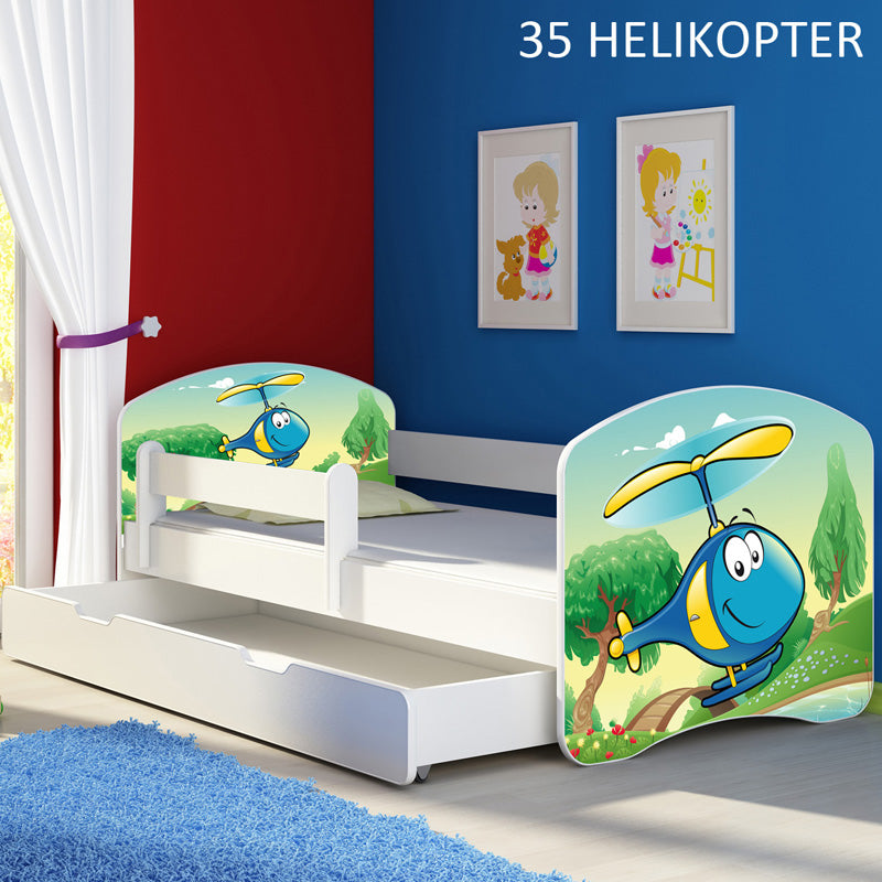 Dječji krevet ACMA s motivom, bočna bijela + ladica 140x70 cm 35 Helikopter