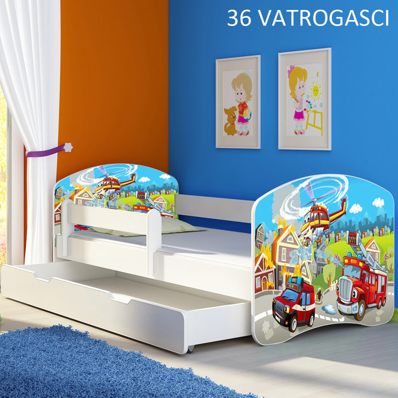 Dječji krevet ACMA s motivom, bočna bijela + ladica 140x70 cm 36 Vatrogasci