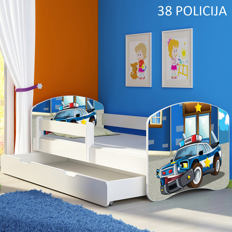 Dječji krevet ACMA s motivom, bočna bijela + ladica 140x70 cm 38 Policija
