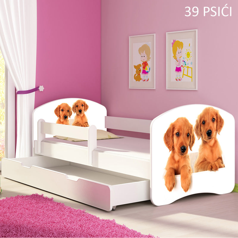 Dječji krevet ACMA s motivom, bočna bijela + ladica 160x80 cm 39 Psići