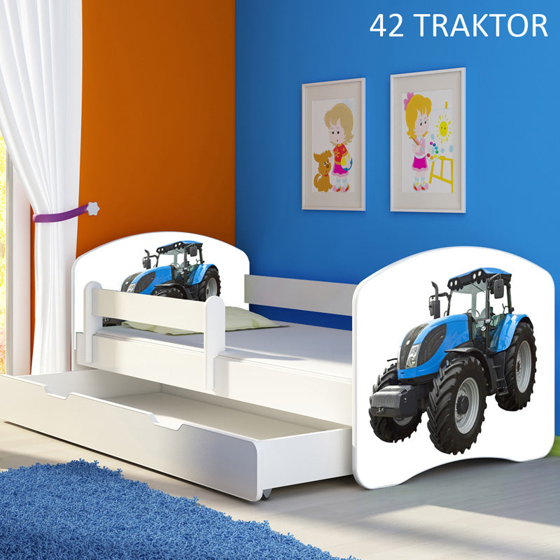 Dječji krevet ACMA s motivom, bočna bijela + ladica 160x80 cm 42 Traktor