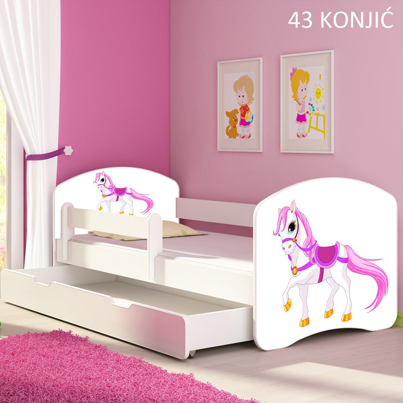 Dječji krevet ACMA s motivom, bočna bijela + ladica 140x70 cm 43 Konjić