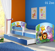 Dječji krevet ACMA s motivom, bočna plava + ladica 140x70 cm 01 Zoo