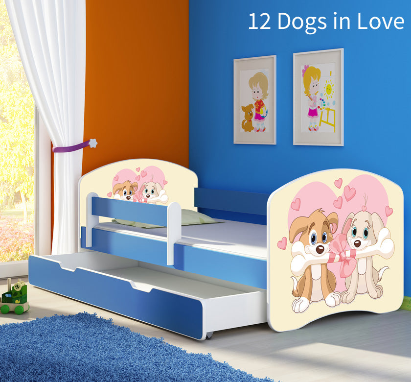 Dječji krevet ACMA s motivom, bočna plava + ladica 160x80 cm 12 Dogs in Love