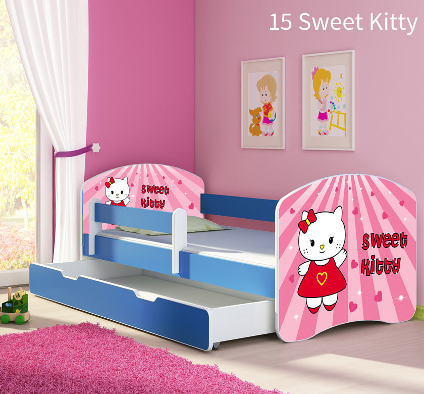 Dječji krevet ACMA s motivom, bočna plava + ladica 180x80 cm 15 Sweet Kitty