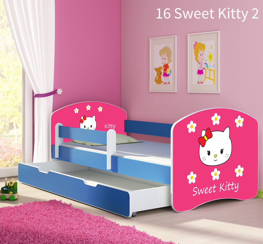 Dječji krevet ACMA s motivom, bočna plava + ladica 160x80 cm 16 Sweet Kitty 2
