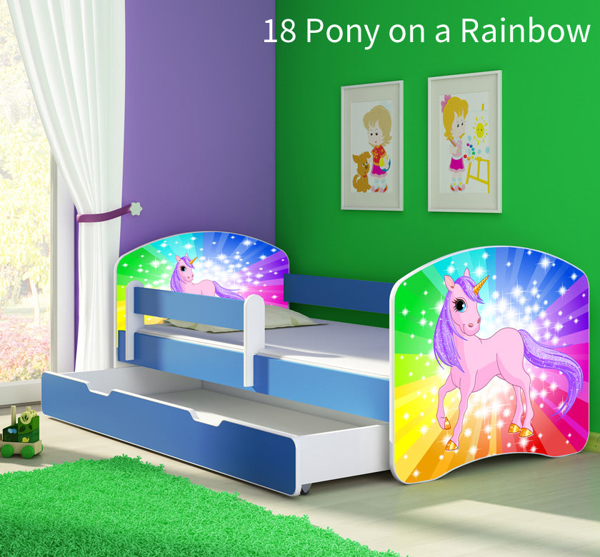 Dječji krevet ACMA s motivom, bočna plava + ladica 140x70 cm 18 Pony on a rainbow